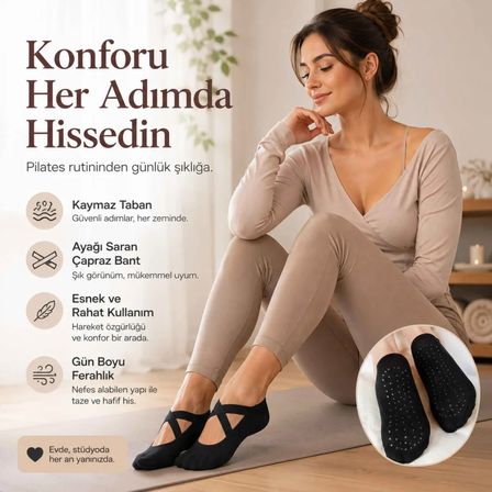 Kaymaz Tabanlı 3'lü Kadın Balerin Tasarımlı Yoga Pilates Çorabı Çapraz Bantlı Spor Çorap Hac Umre Çorabı