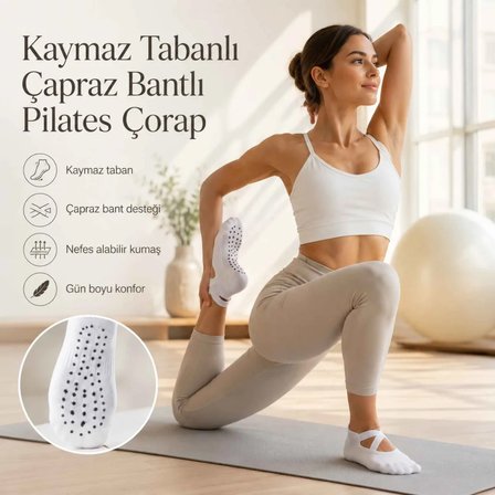 Kaymaz Tabanlı 3'lü Kadın Balerin Tasarımlı Yoga Pilates Çorabı Çapraz Bantlı Spor Çorap Hac Umre Çorabı