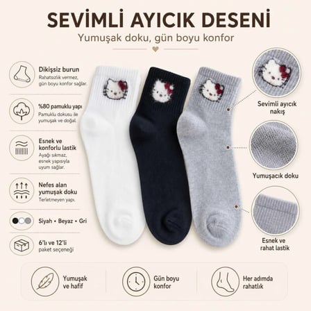 Kadın Sevimli Kedi Desenli Kısa Konç Çorap 12 Çift, %80 Pamuklu Dikişsiz Burun, Siyah Beyaz Gri, Yumuşak Günlük Bilek Çorabı