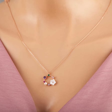 925 Ayar Gümüş Rose Renkli Taşlı Manolya Çiçeği Kadın Kolye