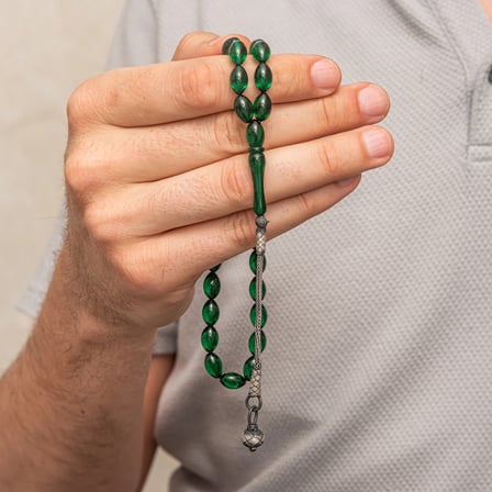 Gümüş Yeşil Kazaz Püsküllü Sıkma Kehribar Tesbih