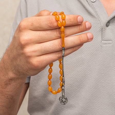 Gümüş Turuncu Kazaz Püsküllü Sıkma Kehribar Tesbih