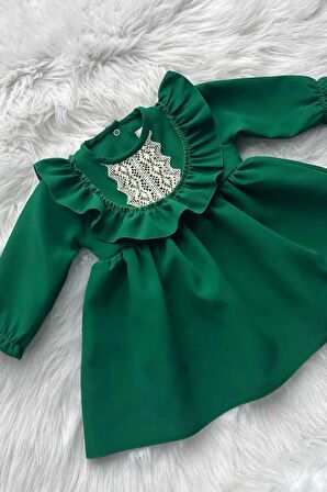 Dantel ve Fırfır Detaylı Koyu Yeşil Kız Çocuk Bebek Krep Elbise
