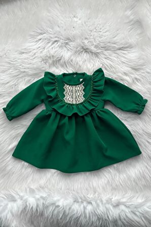 Dantel ve Fırfır Detaylı Koyu Yeşil Kız Çocuk Bebek Krep Elbise