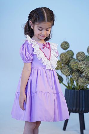 Dantel Detaylı Kare Yaka Lila Abiye Kız Çocuk Bebek Pamuk Saten Elbise