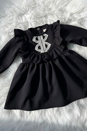 Dantel Detaylı Fırfırlı Kız Çocuk Bebek Siyah Krep Elbise