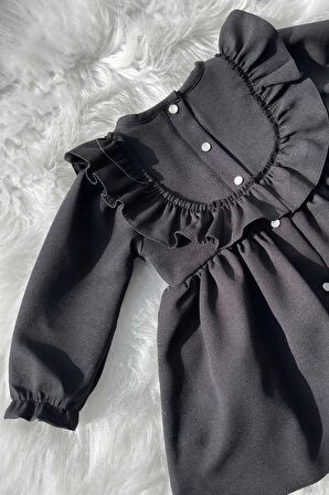 Dantel Detaylı Fırfırlı Kız Çocuk Bebek Siyah Krep Elbise