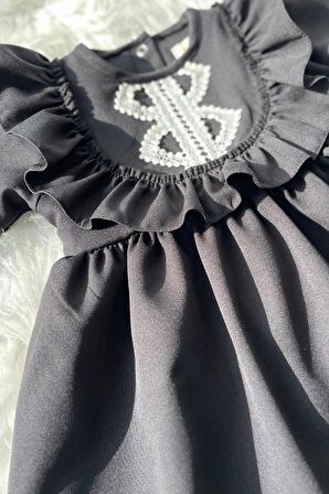 Dantel Detaylı Fırfırlı Kız Çocuk Bebek Siyah Krep Elbise