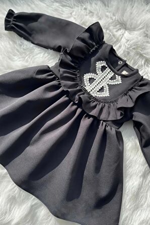 Dantel Detaylı Fırfırlı Kız Çocuk Bebek Siyah Krep Elbise