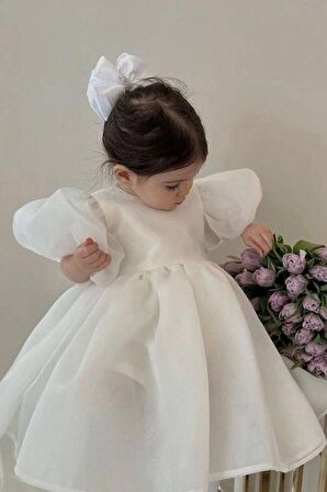 Kız Çocuk Bebek Gelinlik Abiye Beyaz Saten Karolin Elbise