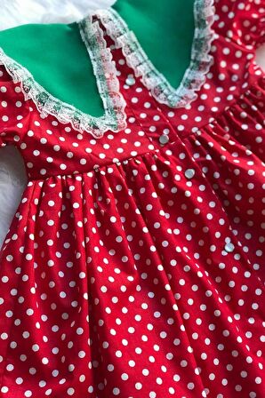 Yeşil Krep Yaka Dantel Detaylı Kız Çocuk Bebek Çilek Pamuk Elbise