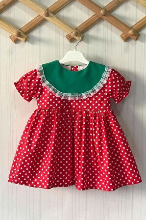 Yeşil Krep Yaka Dantel Detaylı Kız Çocuk Bebek Çilek Pamuk Elbise