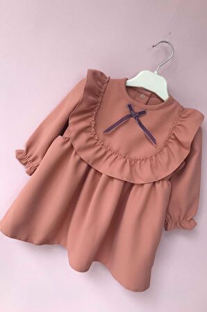 Fırfırlı Ve Kurdele Detaylı Somon Krep Kız Çocuk Elbise Özel Gün Doğum Günü Elbiseleri