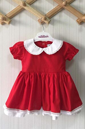 Bebe Yaka Dantel Detaylı Kırmızı Poplin Kız Çocuk Bebek Bayram Özel Gün Elbise