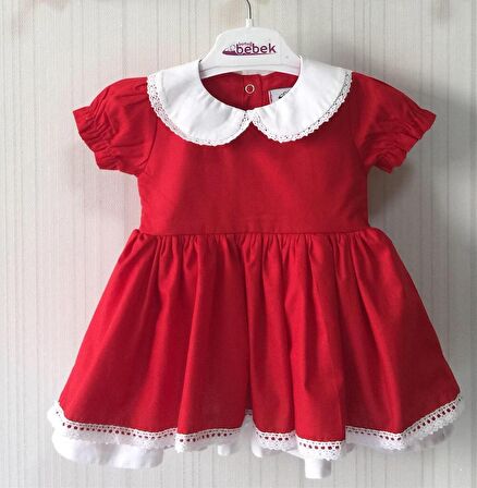 Bebe Yaka Dantel Detaylı Kırmızı Poplin Kız Çocuk Bebek Bayram Özel Gün Elbise