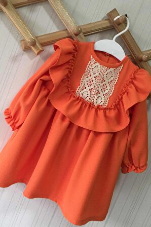 Dantel Ve Fırfır Detaylı Turuncu Krep Kız Çocuk Bebek Elbise
