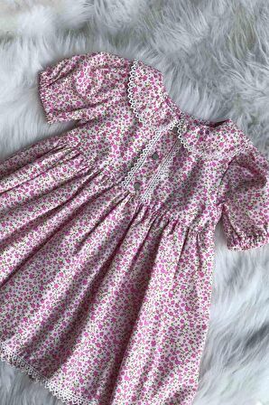 Dantel Detaylı Bebe Yaka Kız Çocuk Bebek Çiçekli Poplin Pembe Elbise