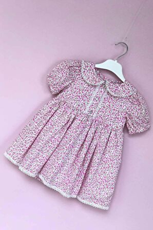 Dantel Detaylı Bebe Yaka Kız Çocuk Bebek Çiçekli Poplin Pembe Elbise