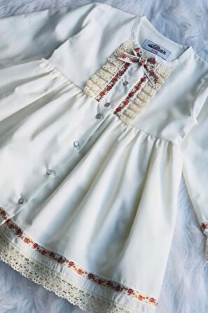 Dantel Ve Kurdele Detaylı Ekru Kız Çocuk Bebek Tasarım Elbise