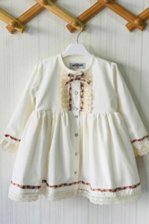 Dantel Ve Kurdele Detaylı Ekru Kız Çocuk Bebek Tasarım Elbise