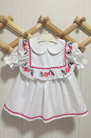 Nakışlı Fırfır Ve Su Taşı Detaylı Beyaz Bebe Yaka Kız Çocuk Bebek Tasarım Elbise