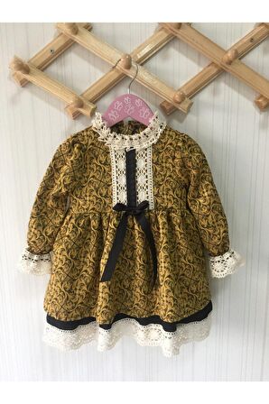 Dantel Ve Kurdele Detaylı Brokar Özel Tasarım Kız Çocuk Bebek Elbise