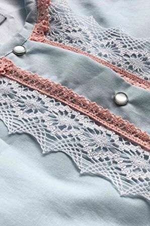 Dantel Detaylı Kısa Kol Bebe Mavi Pamuklu Kız Çocuk Bebek Elbise