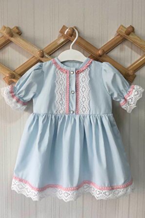 Dantel Detaylı Kısa Kol Bebe Mavi Pamuklu Kız Çocuk Bebek Elbise