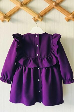 Fırfır Ve Kurdele Detaylı Mor Krep Kız Çocuk Bebek Elbise