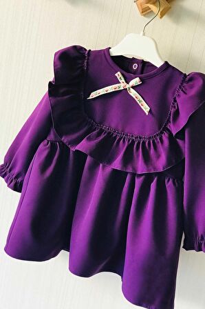 Fırfır Ve Kurdele Detaylı Mor Krep Kız Çocuk Bebek Elbise
