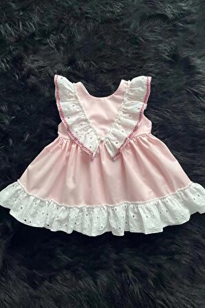 Fisto Fırfırlı Ve Kurdele Detaylı Poplin Kız Çocuk Bebek Pembe Elbise