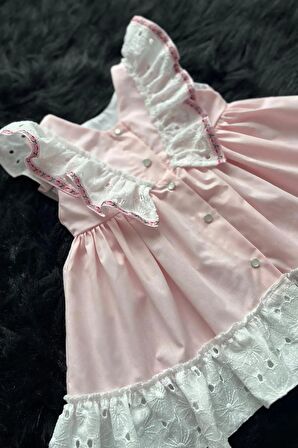 Fisto Fırfırlı Ve Kurdele Detaylı Poplin Kız Çocuk Bebek Pembe Elbise