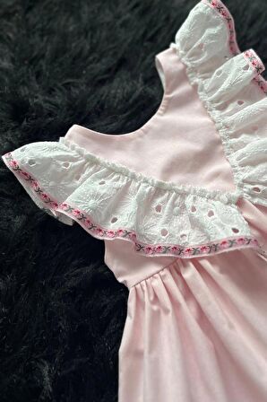 Fisto Fırfırlı Ve Kurdele Detaylı Poplin Kız Çocuk Bebek Pembe Elbise