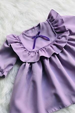 Fırfır Ve Kurdele Detaylı Lila Krep Tasarım Kız Çocuk Bebek Elbise
