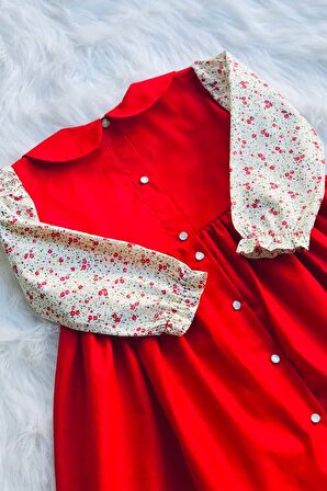 Bebe Yaka Pileli Çiçek Desenli Kırmızı Kız Çocuk Bebek Elbise