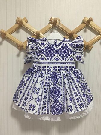 Fırfır Ve Dantel Detaylı Etnik Desenli Mavi Beyaz Kız Çocuk Bebek Elbise