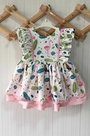 Fırfır Detaylı Flamingo Desenli Kolsuz Kız Çocuk Bebek Elbise