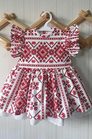 Fırfır Detaylı Etnik Desenli Poplin Kırmızı Beyaz Kız Çocuk Bebek Elbise
