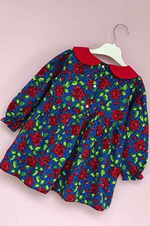 Bebe Yaka Gül Desenli Kız Çocuk Bebek Pazen Kırmızı Mavi Renkli Elbise