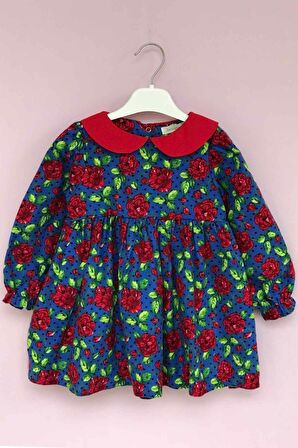 Bebe Yaka Gül Desenli Kız Çocuk Bebek Pazen Kırmızı Mavi Renkli Elbise