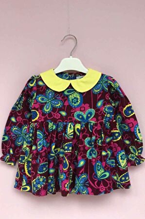 Bebe Yaka Kelebek Desenli Pazen Kız Çocuk Bebek  Renkli Elbise