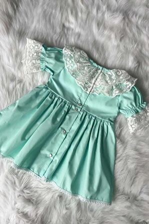 Dantel Yaka Su Yeşili Kız Çocuk Bebek Poplin Elbise