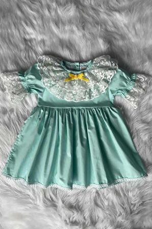 Dantel Yaka Su Yeşili Kız Çocuk Bebek Poplin Elbise