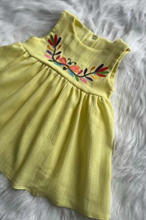 Nakışlı Şile Bezi Sarı Kız Çocuk Bebek Yazlık Pamuk Elbise