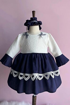 Mavi Kırık Beyaz Pile Dantel Detaylı Kız Çocuk Bebek Tasarım Elbise Ve Bandana Takımı
