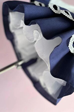 Mavi Kırık Beyaz Pile Dantel Detaylı Kız Çocuk Bebek Tasarım Elbise Ve Bandana Takımı