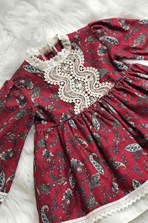 Dantel Detaylı Şal Desenli Bordo Kız Çocuk Bebek Tasarım Elbise