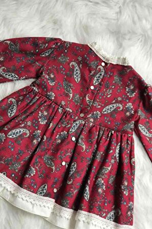 Dantel Detaylı Şal Desenli Bordo Kız Çocuk Bebek Tasarım Elbise