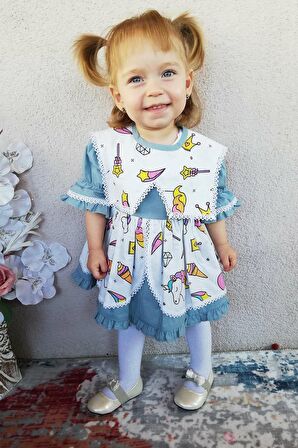 Bahriye Yaka Unicorn Desenli Özel Tasarım Mavi Kız Çocuk Bebek Elbise