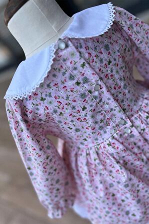Bebe Yaka Dantel Detaylı Çiçekli Pembe Kız Çocuk Bebek Elbise